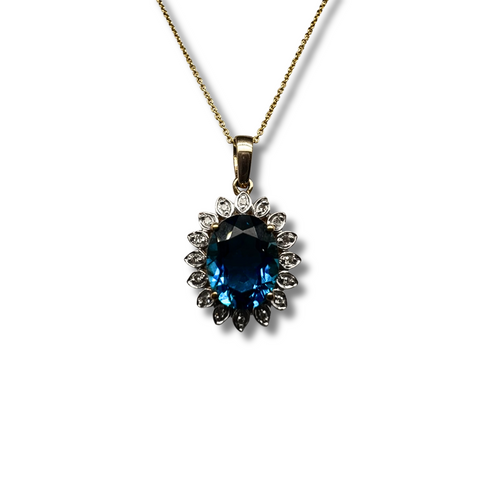 10KY London Blue Topaz and Diamond Flower Pendant