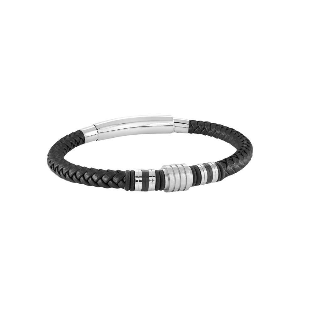 Italgem Stainless Steel Black Leather Bracelet