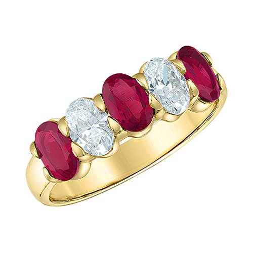 14k Yellow Gold Lab Grown Oval Ruby and Diamond Band