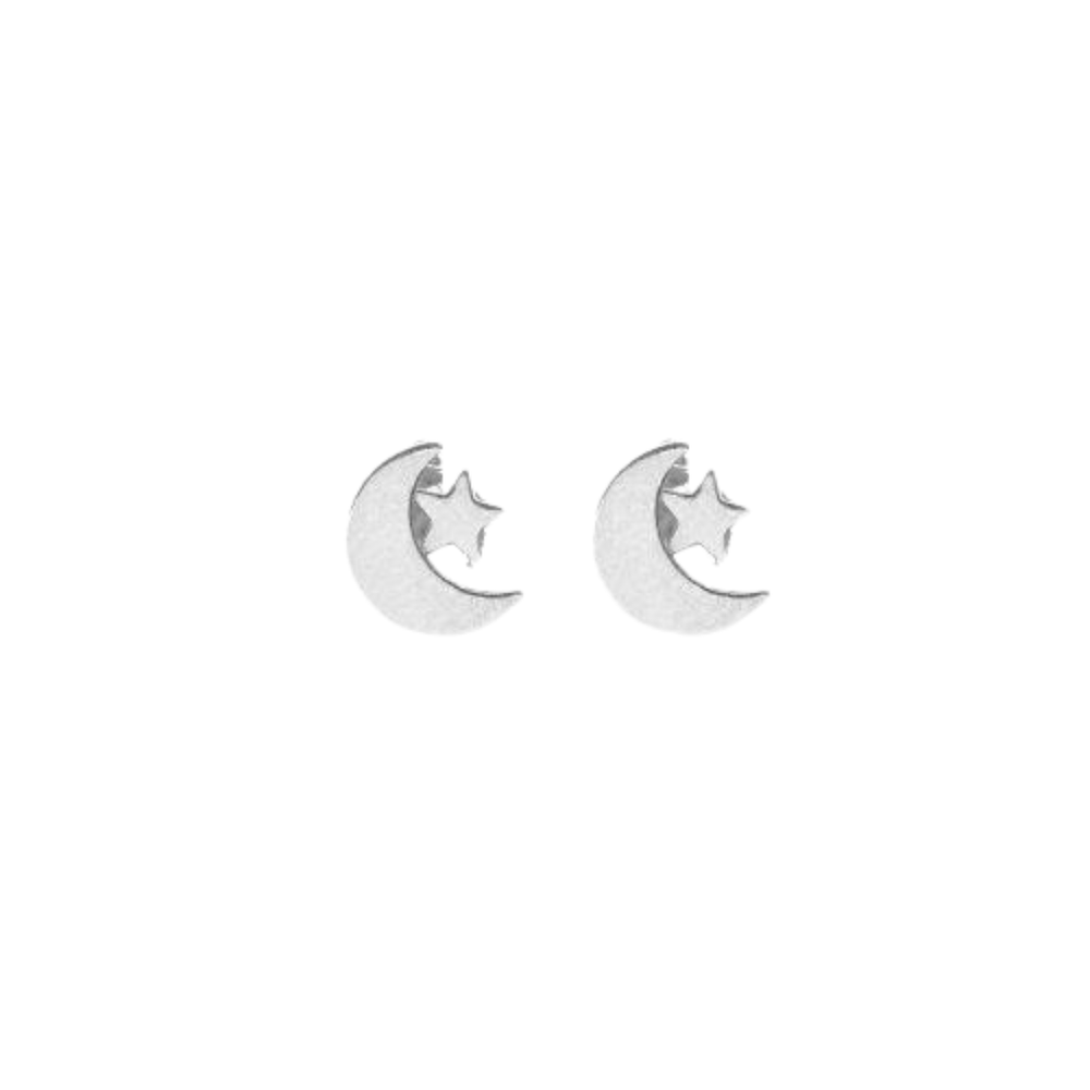 10kt White Gold Star and Moon Stud Earrings