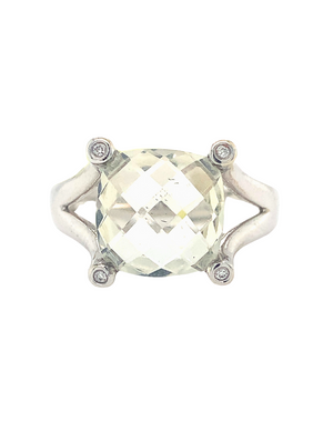 14kt White Gold Green Amethyst + Diamond Ring