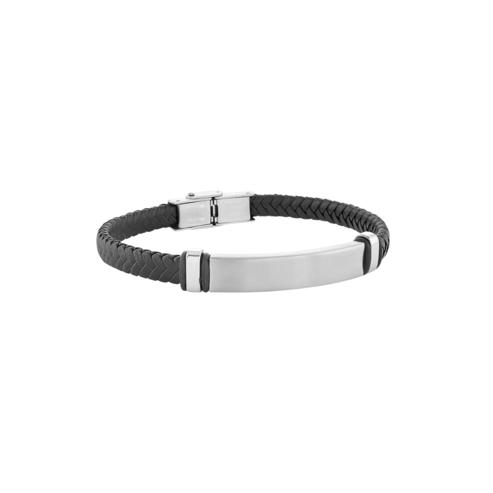 Italgem Stainless Steel Black Leather I.D Bracelet