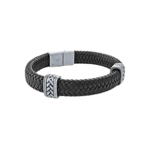 Italgem Stainless Steel Black Leather Bracelet