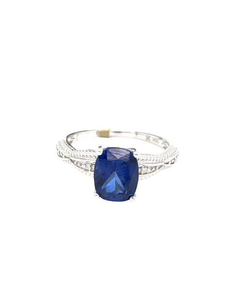 10kt White Gold Synthetic Sapphire +.04TW Fancy Ring