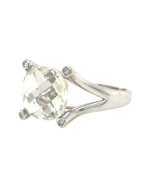 14kt White Gold Green Amethyst + Diamond Ring