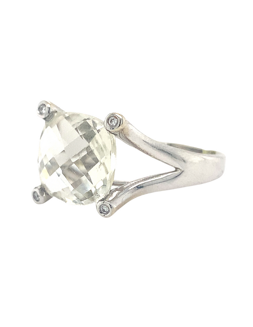 14kt White Gold Green Amethyst + Diamond Ring
