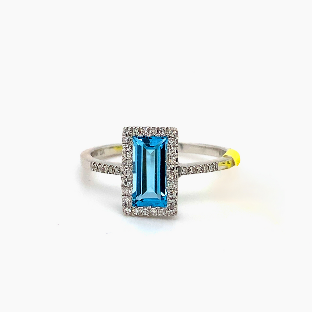 14kt White Gold Blue Topaz + Diamond ring