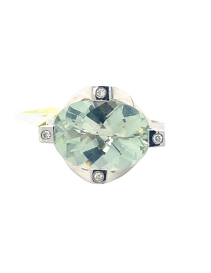 14kt White Gold Green Amethyst + Diamond Ring