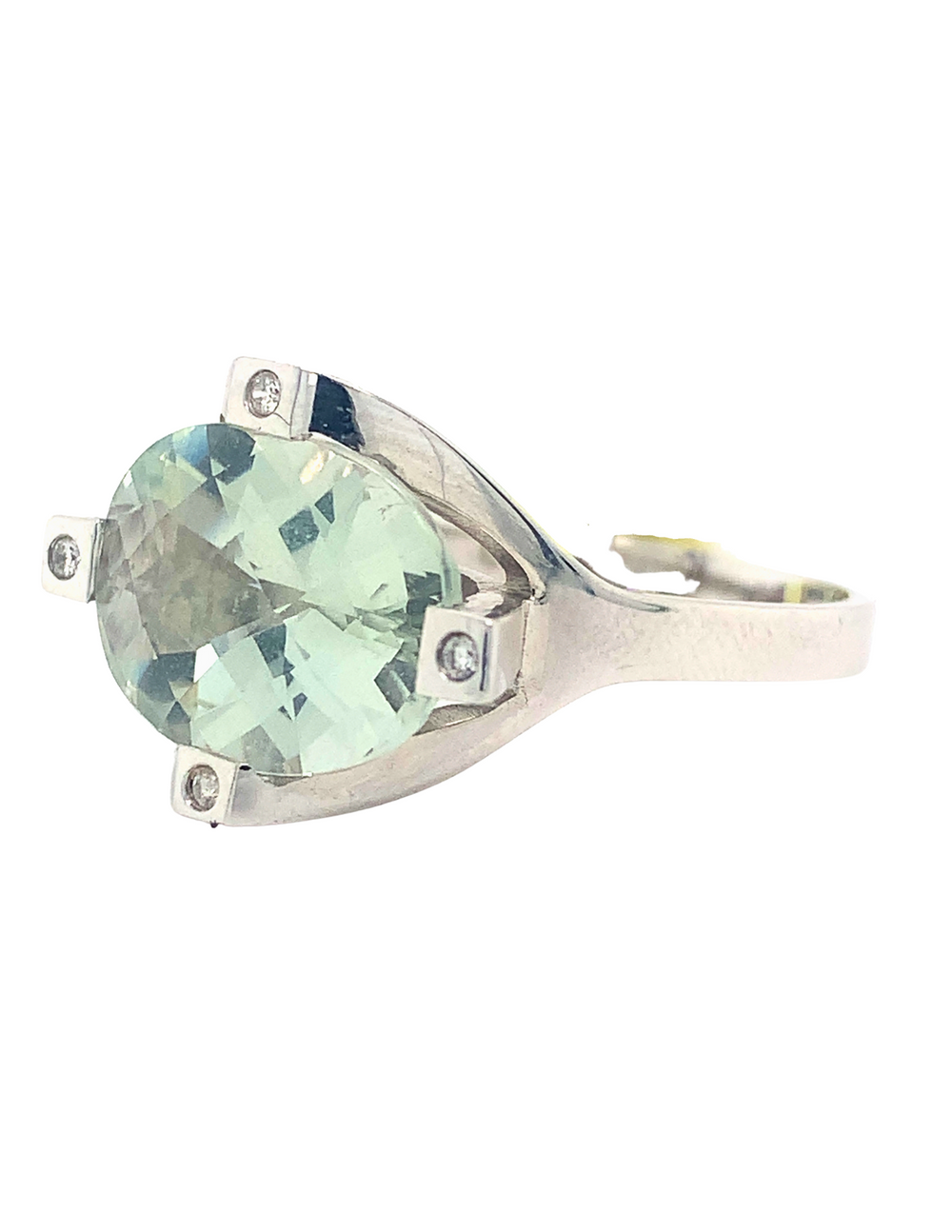 14kt White Gold Green Amethyst + Diamond Ring