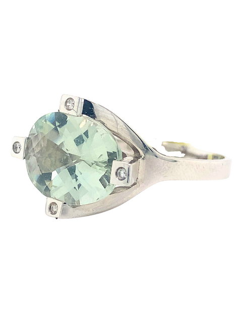 14kt White Gold Green Amethyst + Diamond Ring