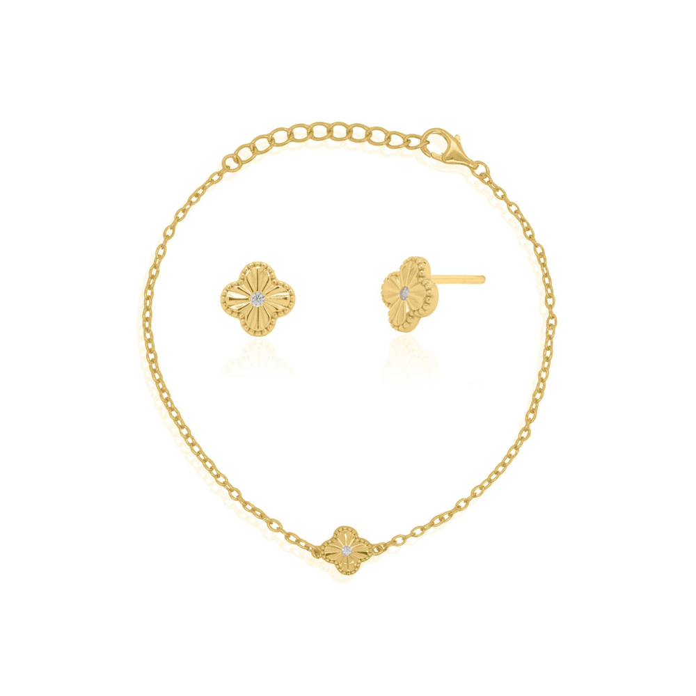 Gold Plated Sterling Silver CZ Clover Bracelet and Earrings - Special Price