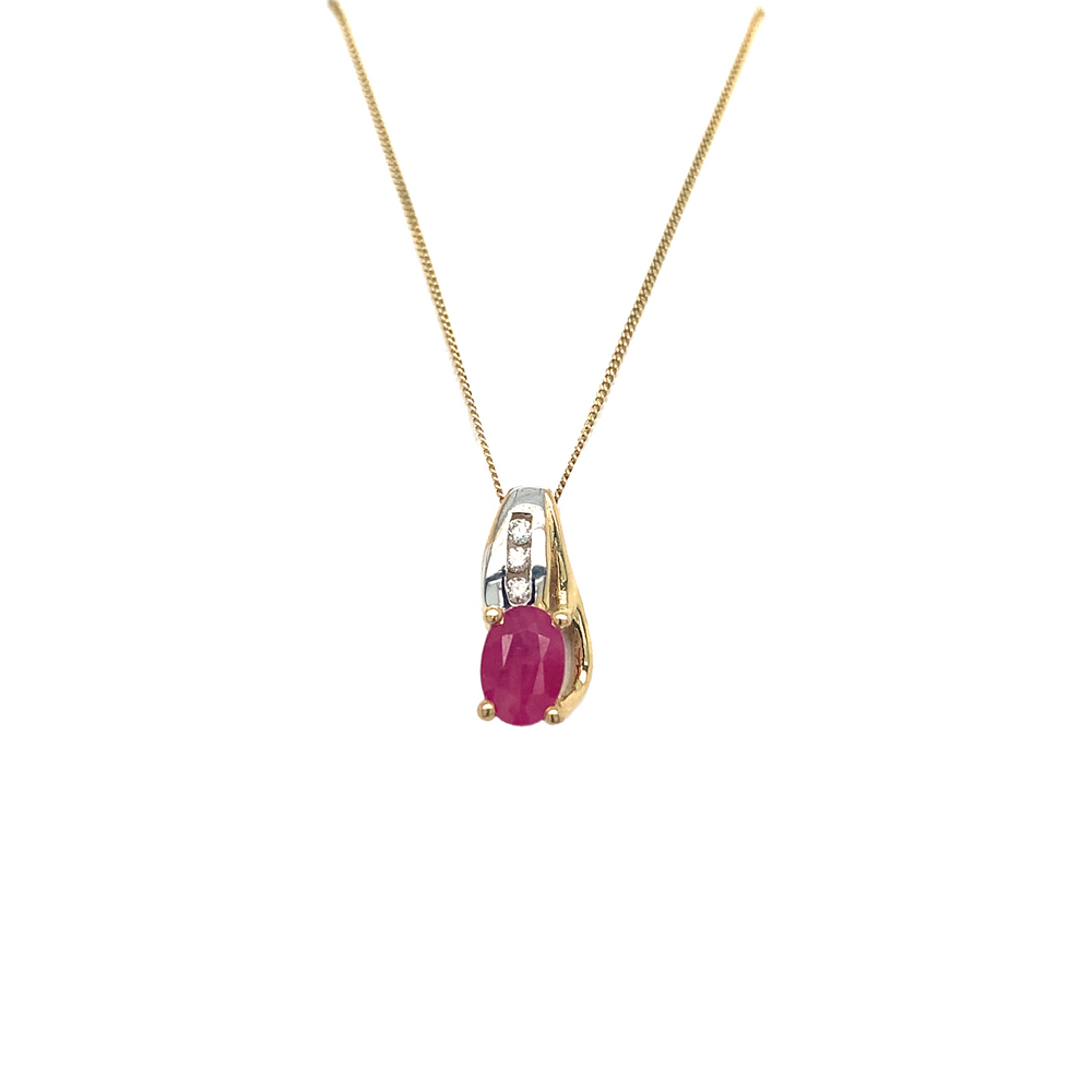 10kt Yellow Gold Oval Shape Ruby + Diamond Pendant