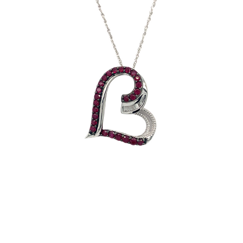 14kt White Gold Heart Shaped Ruby + Diamond Pendant