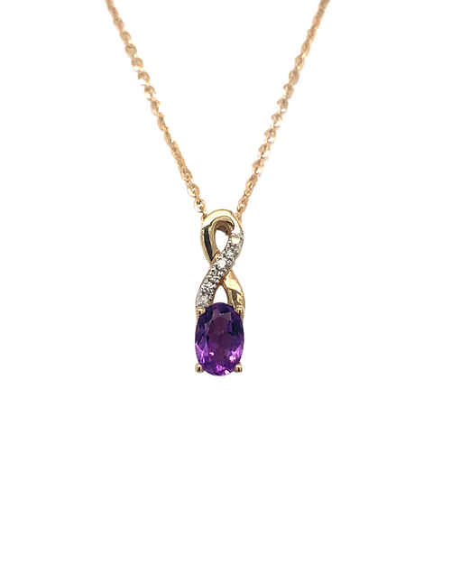 10KT Yellow Gold Amethyst + Diamond Pendant