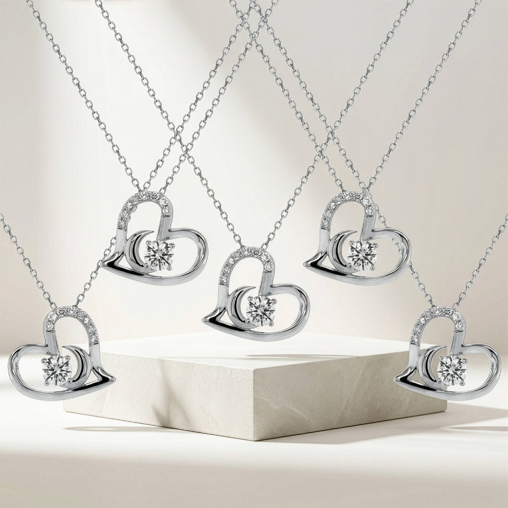 Sterling Silver .30TW Lab Grown Heart Crescent Moon Pendant Necklace - Special Price