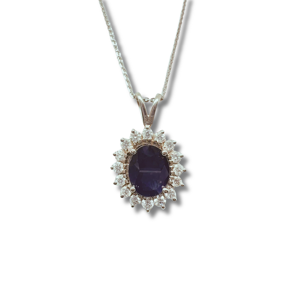 14KW Natural Blue Sapphire and Diamond Halo Pendant