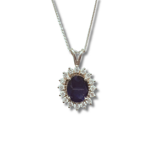 14KW Natural Blue Sapphire and Diamond Halo Pendant