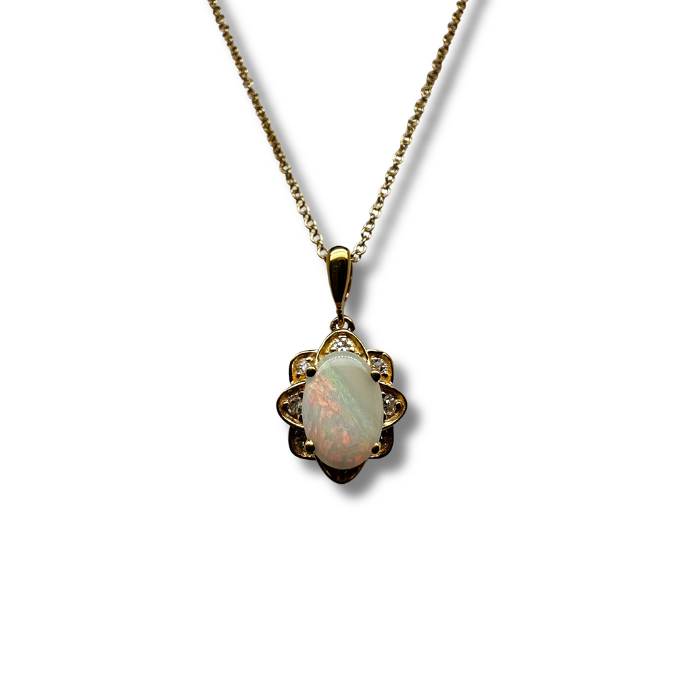 10KY Opal and Diamond Flower Pendant