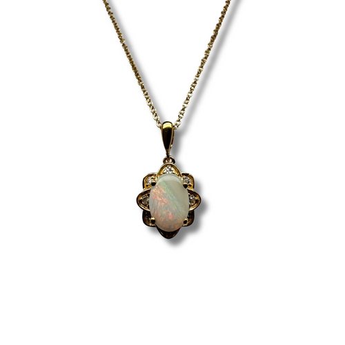 10KY Opal and Diamond Flower Pendant