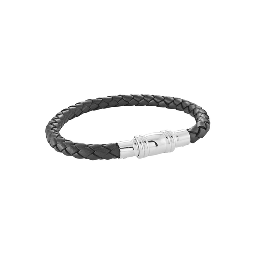 Italgem Stainless Steel Black Leather Bracelet