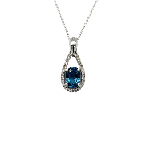 10K White Gold London Blue Topaz and Diamond Pendant