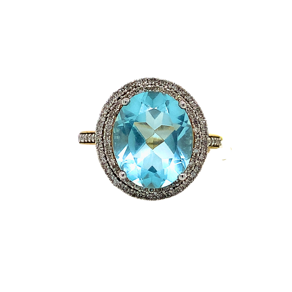 10KT Yellow Gold Blue Topaz + Diamond ring