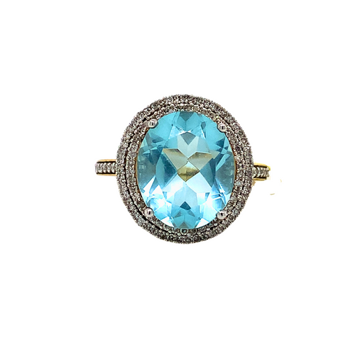 10KT Yellow Gold Blue Topaz + Diamond ring