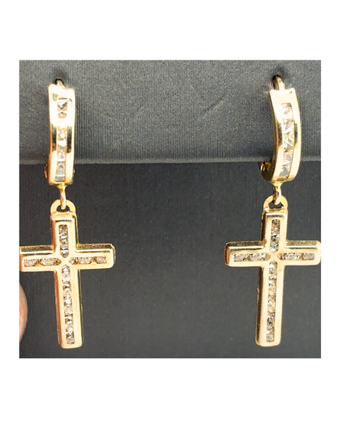 10kt Yellow Gold Hoop CZ Cross Earrings