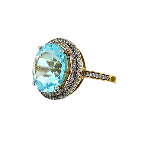 10KT Yellow Gold Blue Topaz + Diamond ring