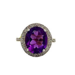 10KT Yellow Gold Amethyst + Diamond ring