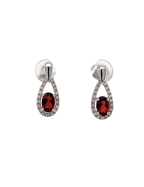 10KT White Gold Garnet + Diamond earrings