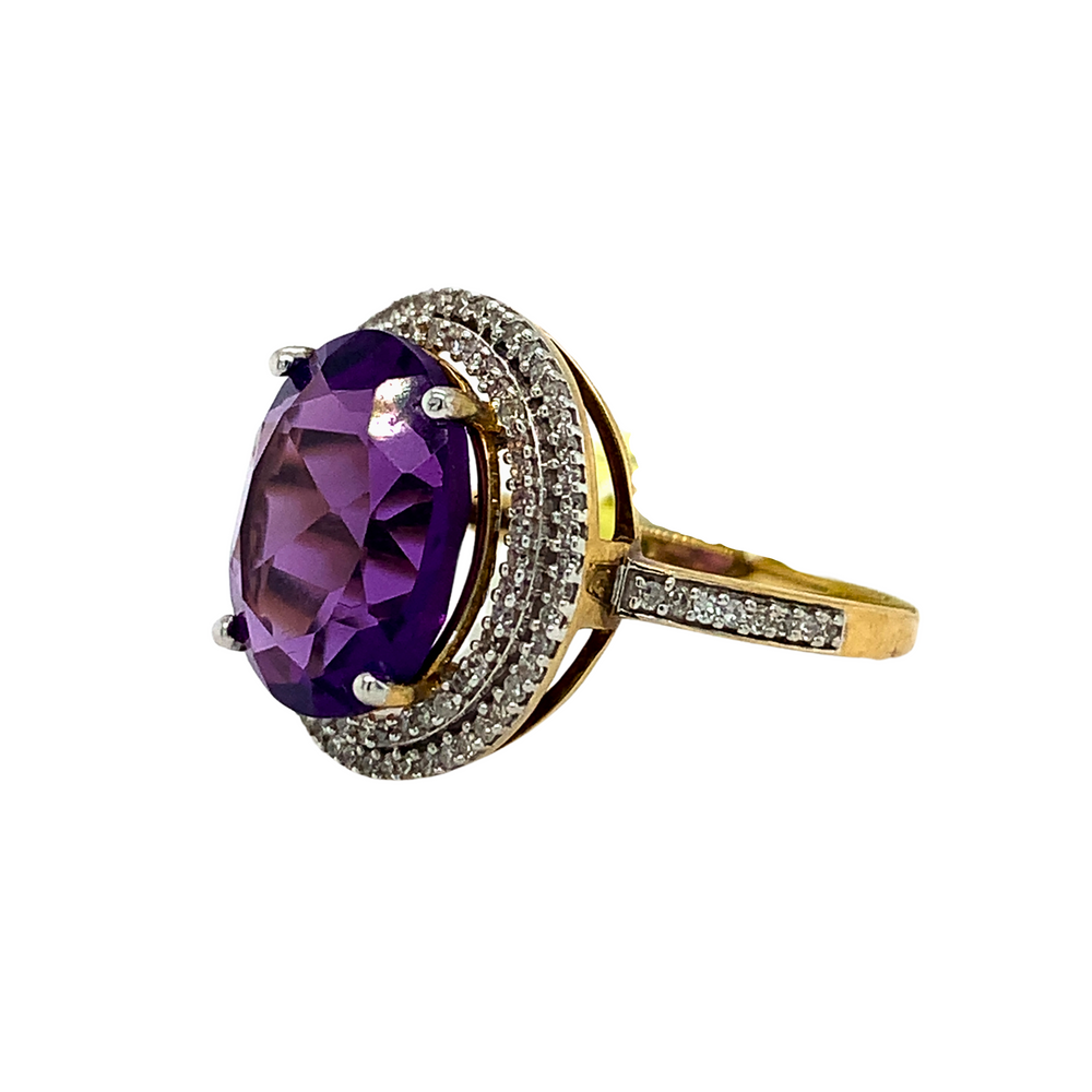10KT Yellow Gold Amethyst + Diamond ring