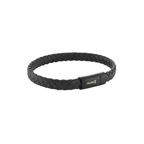 Italgem Stainless Steel Black Leather Bracelet