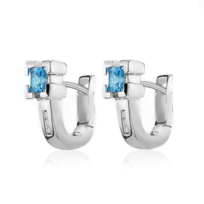 Sterling Silver 5mm Lab Grown Blue Topaz and Diamond Hoop Earrings