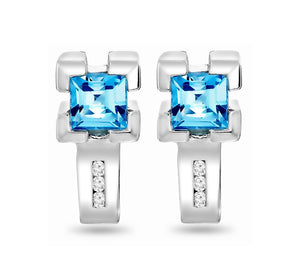 Sterling Silver 5mm Lab Grown Blue Topaz and Diamond Hoop Earrings