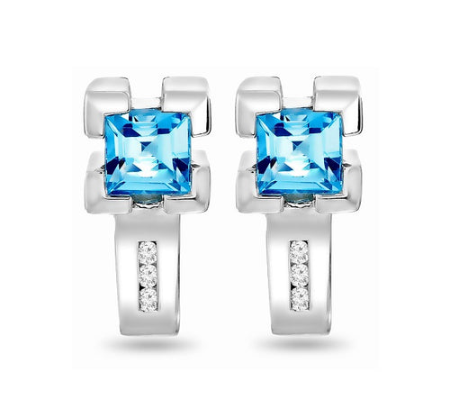 Sterling Silver 5mm Lab Grown Blue Topaz and Diamond Hoop Earrings