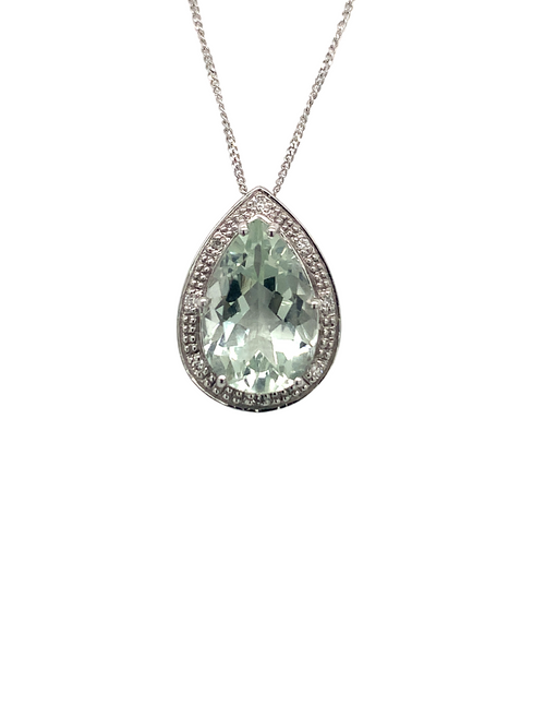 10KT White Gold Green Amethyst + Diamond Pendant