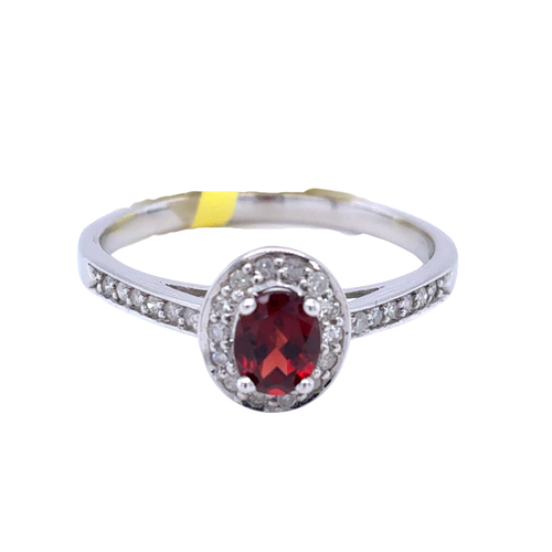 10kt White Gold 5X4MM Garnet +.13TW Diamond Ring