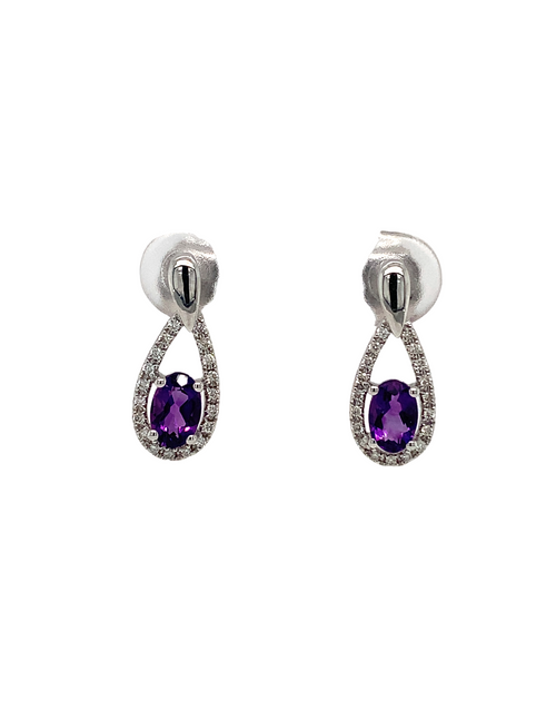 10KT White Gold Amethyst + Diamond earrings