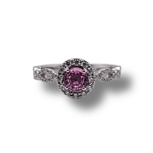 18KPD Pink Sapphire with Diamond Halo Ring