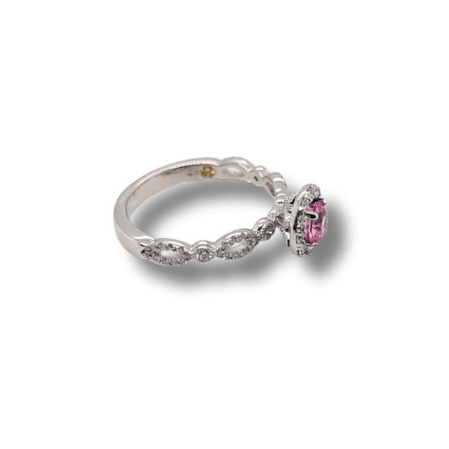 18KPD Pink Sapphire with Diamond Halo Ring