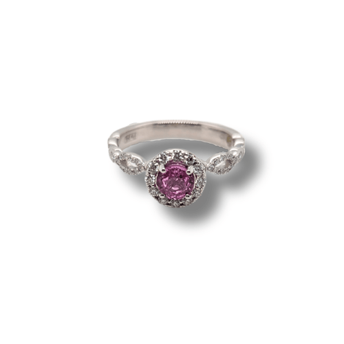 18KPD Pink Sapphire with Diamond Halo Ring