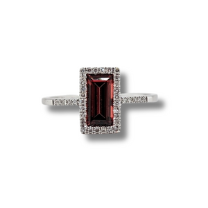 14kt White Gold Emerald cut Garnet + Diamond Ring