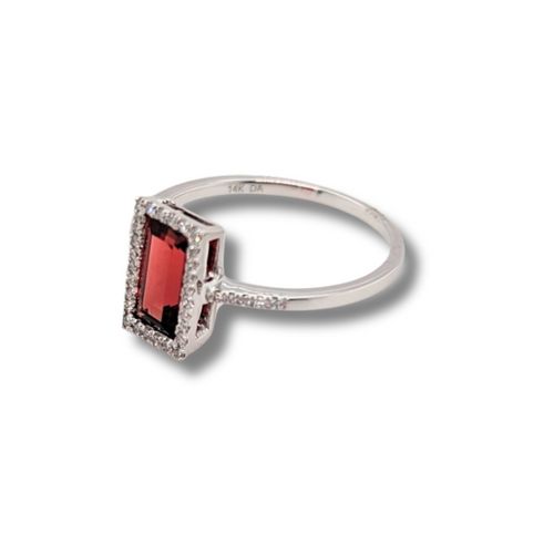 14kt White Gold Emerald cut Garnet + Diamond Ring