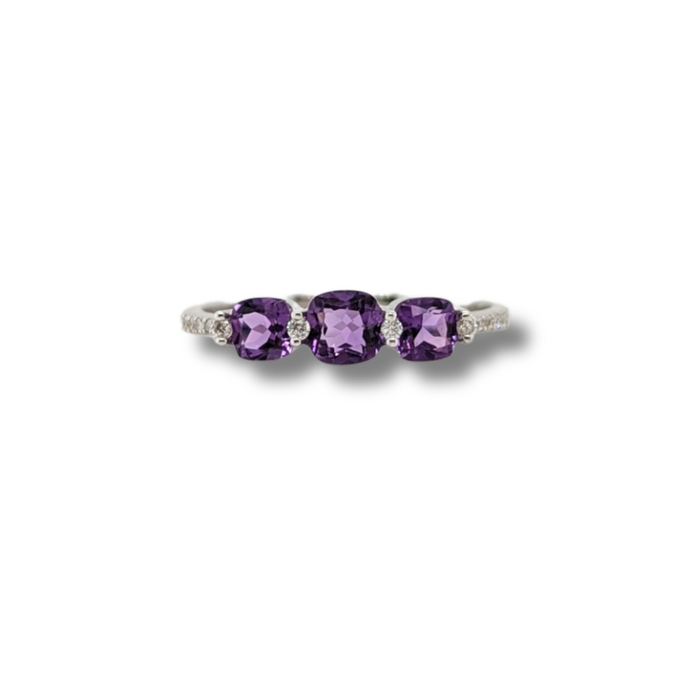 14KT White Gold Cushion cut Amethyst + Diamond Ring
