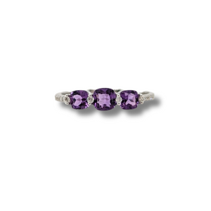 14KT White Gold Cushion cut Amethyst + Diamond Ring