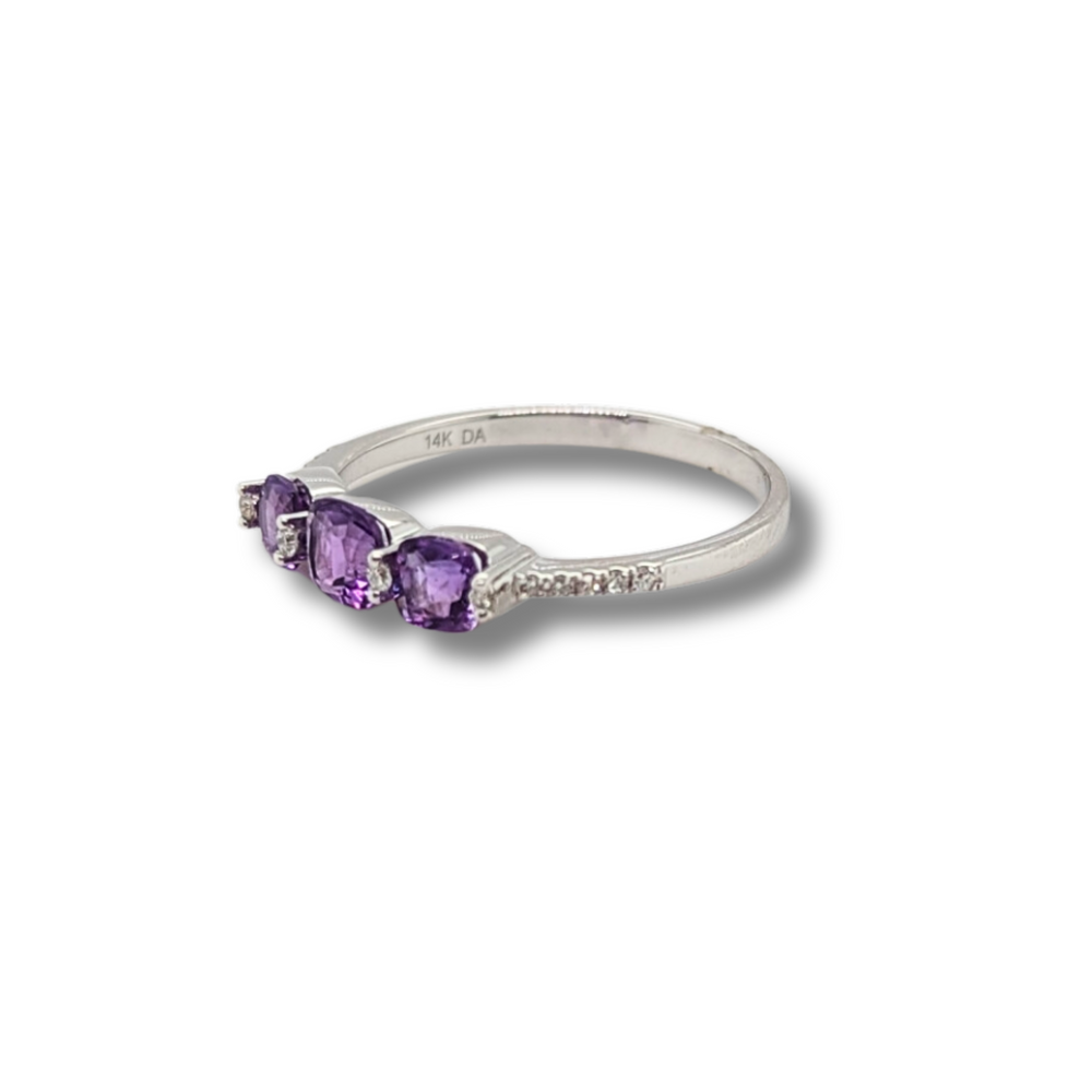 14KT White Gold Cushion cut Amethyst + Diamond Ring