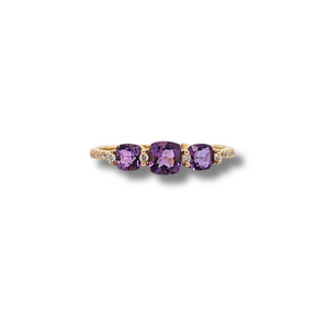 14KT Yellow Gold Cushion cut Amethyst + Diamond Ring