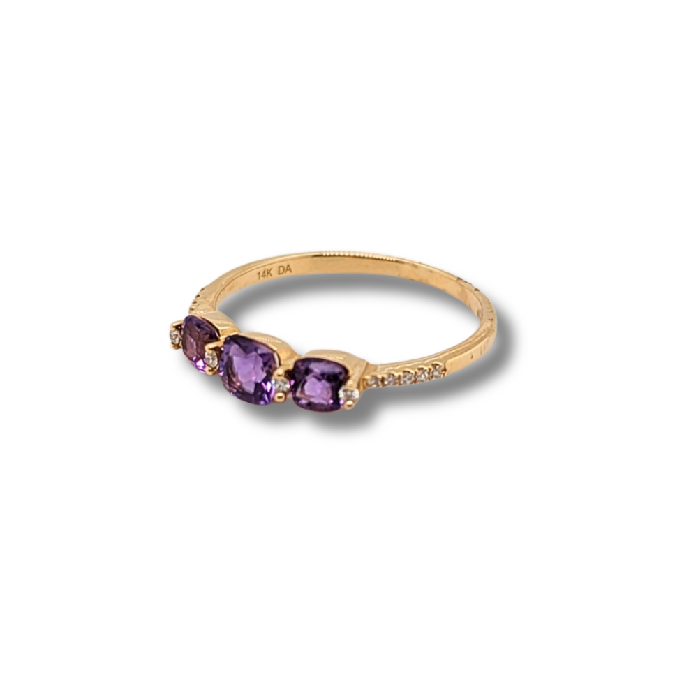 14KT Yellow Gold Cushion cut Amethyst + Diamond Ring