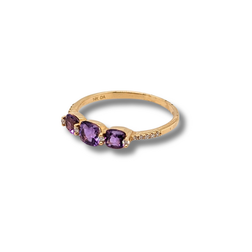 14KT Yellow Gold Cushion cut Amethyst + Diamond Ring